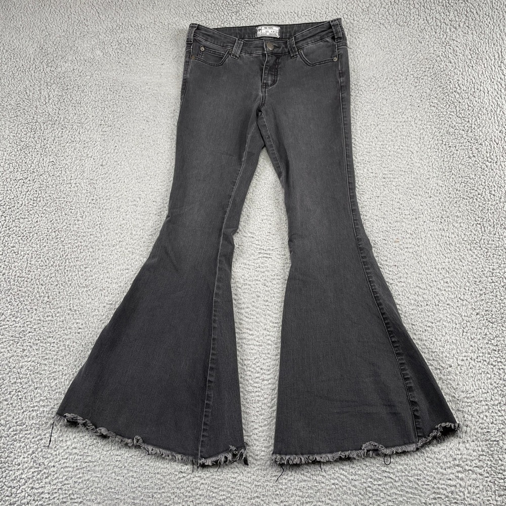 Free People Jeans Womens 28 Gray Penny Pull On Flare Raw Hem Frayed Denim